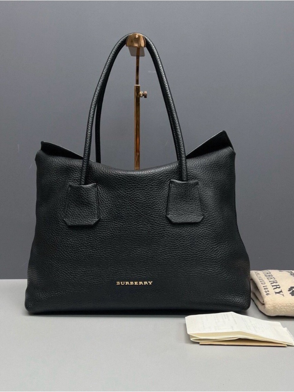 Burberry Black Pebbled Leather Tote with Gold Logo